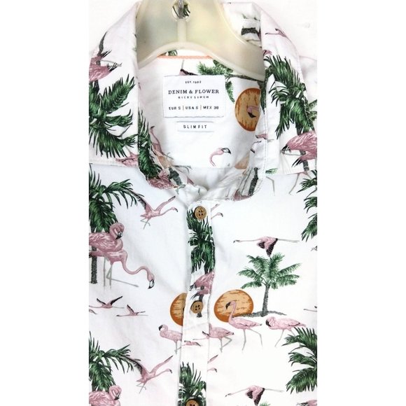 Mens flamingo tropical palm tree button down Hawaiian shirt - Picture 3 of 4